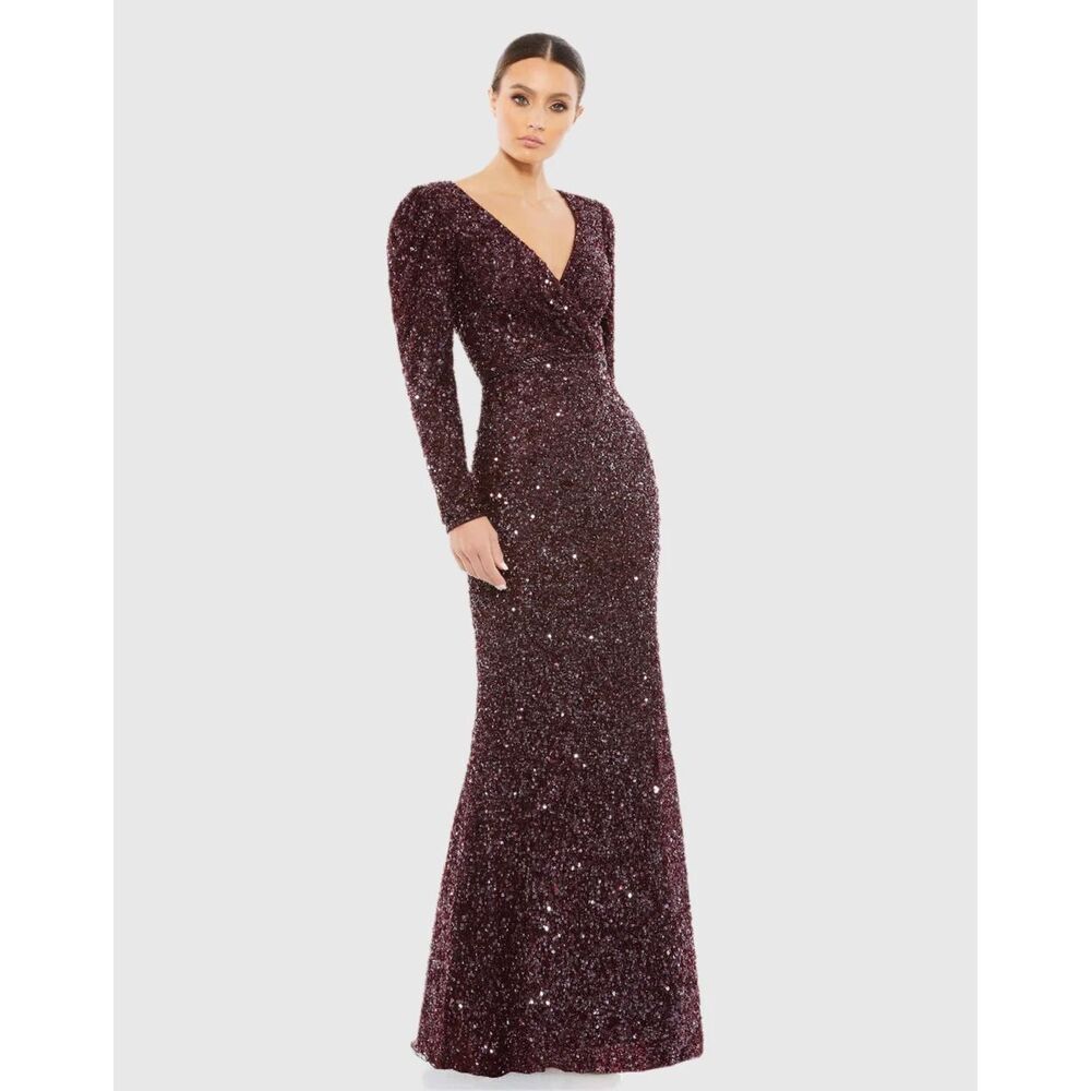 Mac Duggal NWT Puff Shoulder Sequined Surplice Gown in Mahogony Size 6